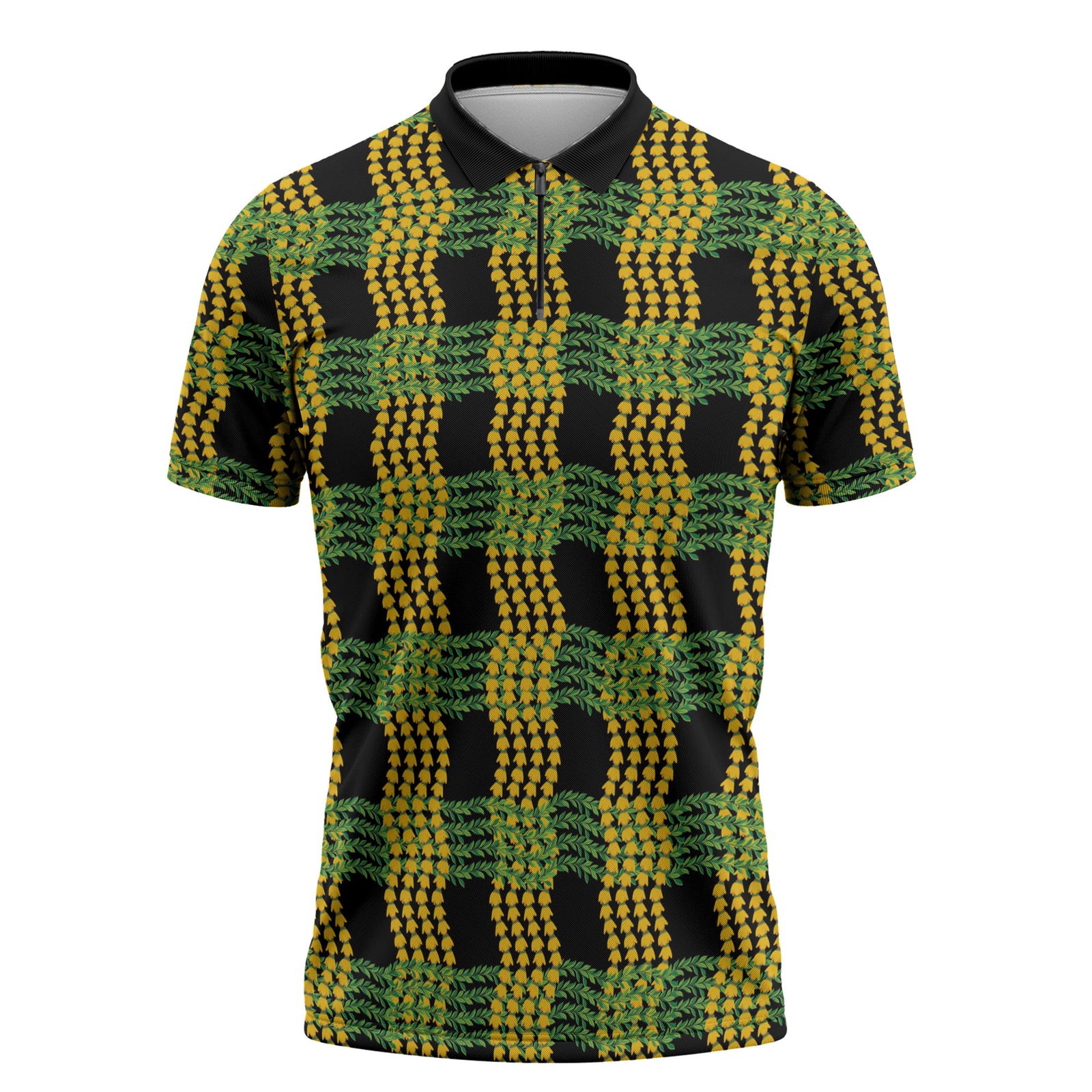 Aloha Hawaii Ilima Maile Lei Zipper Polo Shirt Palaka Inspired Hawaiian-plaid Black LT14 Black - Polynesian Pride