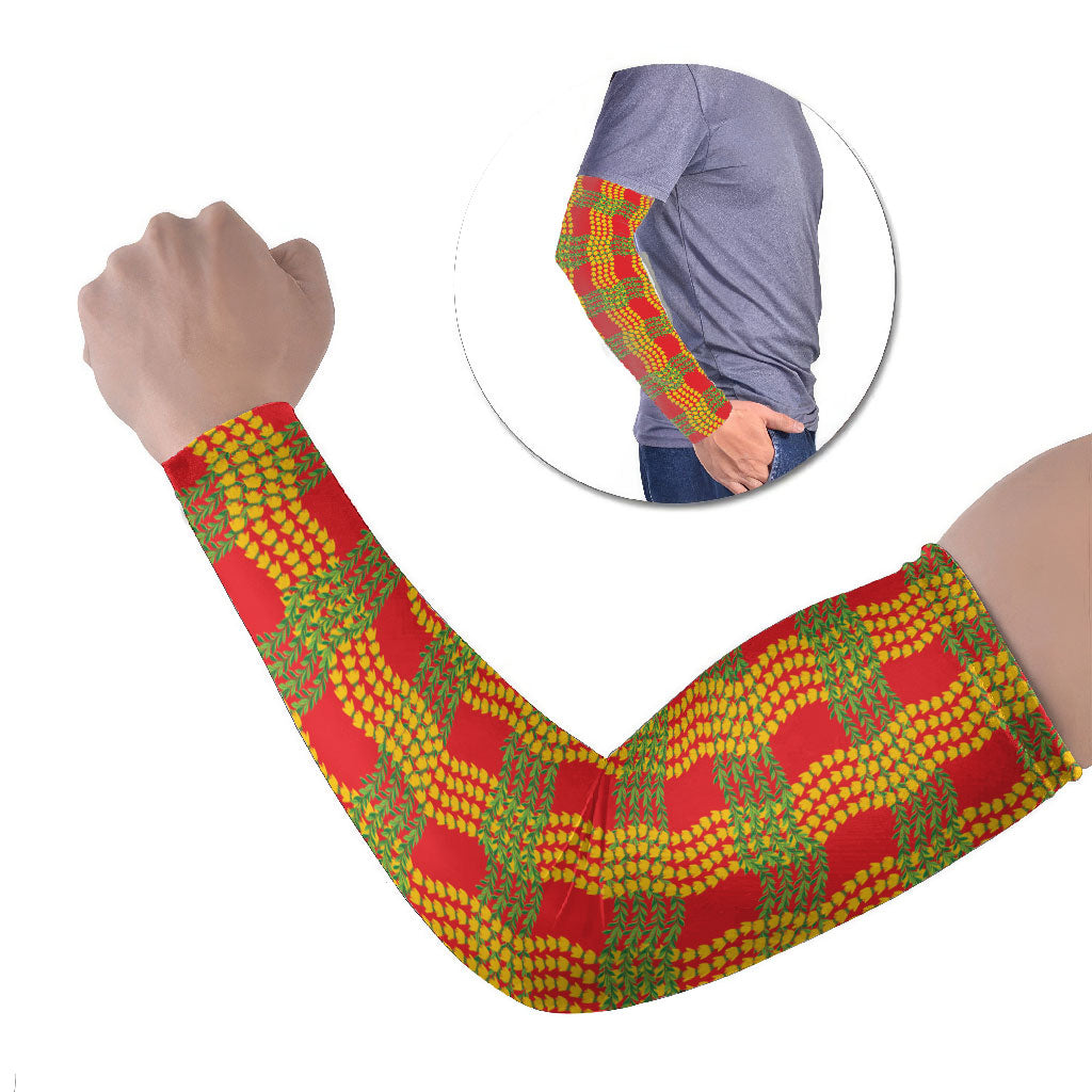 Aloha Hawaii Ilima Maile Lei Arm Sleeves Palaka Inspired Hawaiian-plaid Red