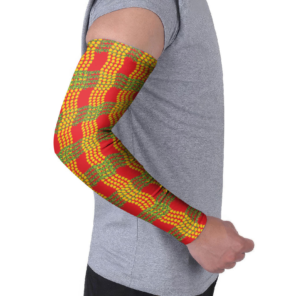Aloha Hawaii Ilima Maile Lei Arm Sleeves Palaka Inspired Hawaiian-plaid Red