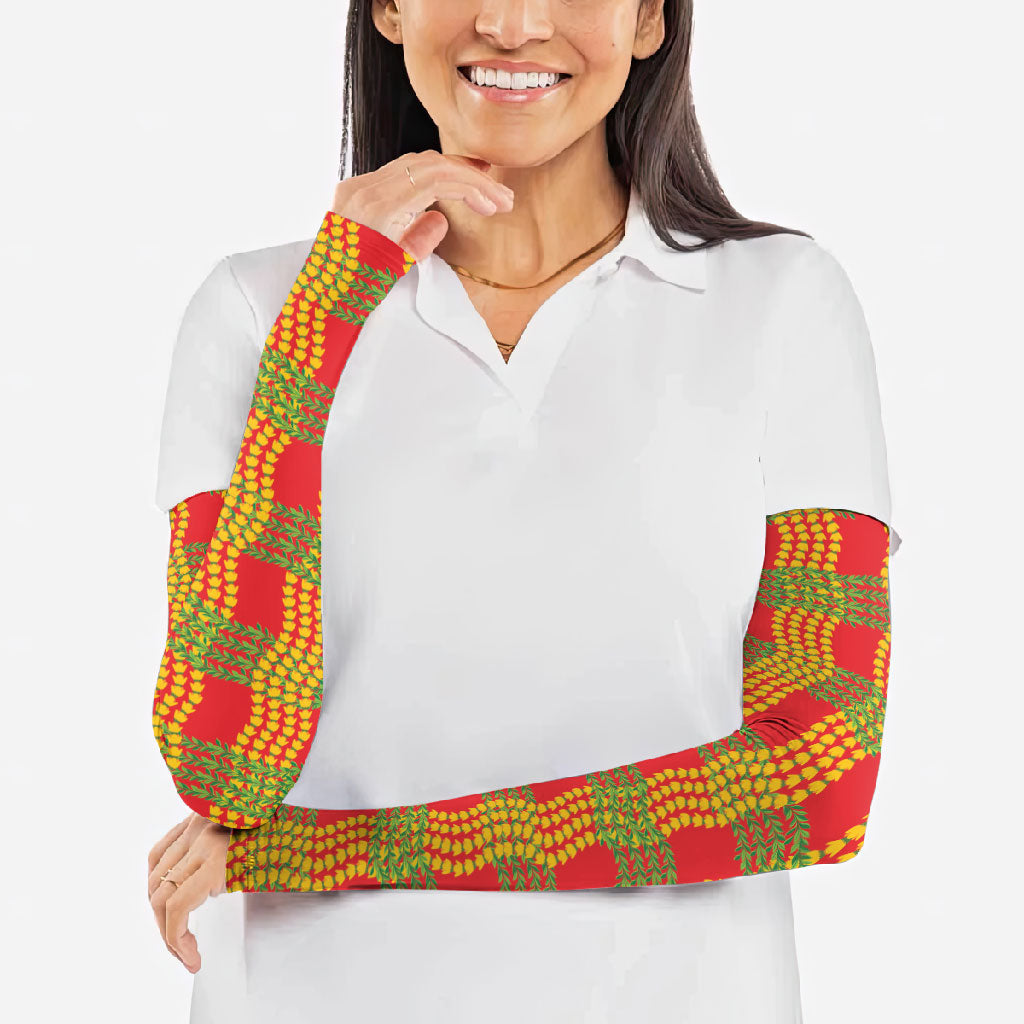Aloha Hawaii Ilima Maile Lei Arm Sleeves Palaka Inspired Hawaiian-plaid Red