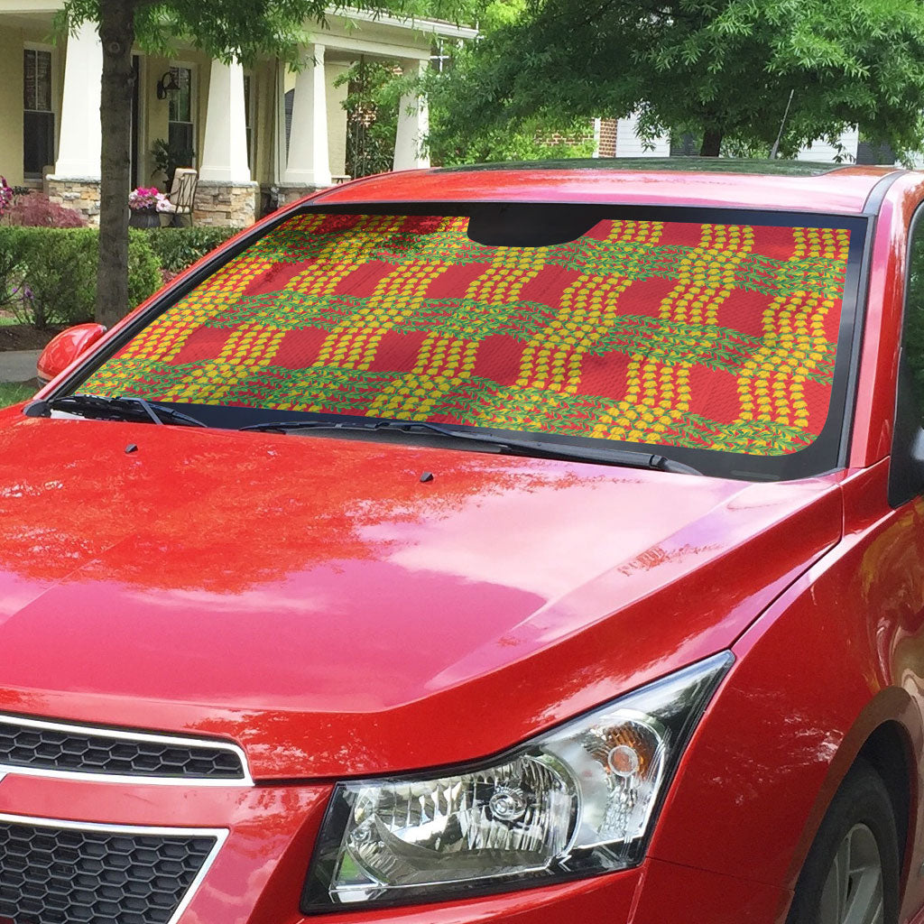 Aloha Hawaii Ilima Maile Lei Auto Sun Shade Palaka Inspired Hawaiian-plaid Red