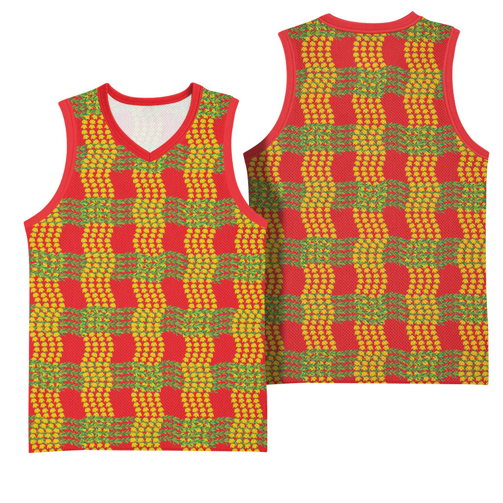 Aloha Hawaii Ilima Maile Lei Basketball Jersey Palaka Inspired Hawaiian-plaid Red