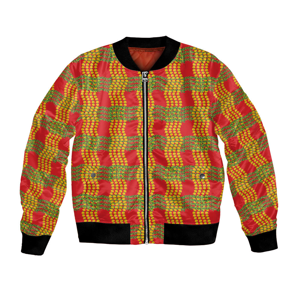 Aloha Hawaii Ilima Maile Lei Bomber Jacket Palaka Inspired Hawaiian-plaid Red LT14 Unisex Red - Polynesian Pride