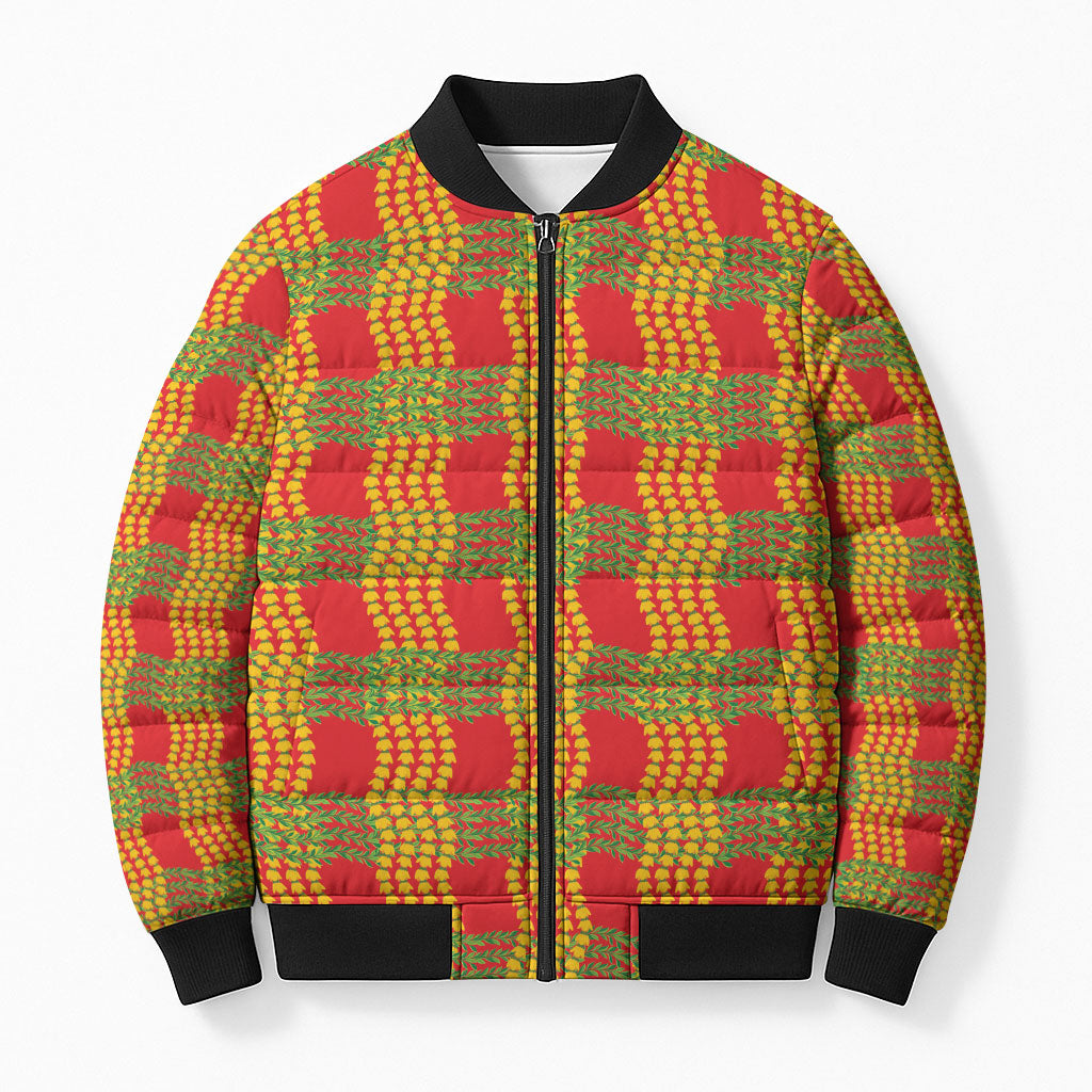 Aloha Hawaii Ilima Maile Lei Bomber Puffer Jacket Palaka Inspired Hawaiian-plaid Red LT14 Unisex Red - Polynesian Pride