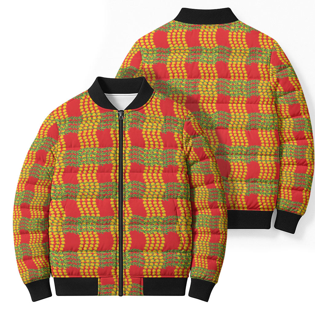 Aloha Hawaii Ilima Maile Lei Bomber Puffer Jacket Palaka Inspired Hawaiian-plaid Red
