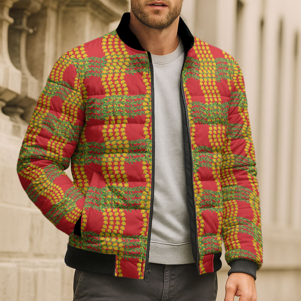 Aloha Hawaii Ilima Maile Lei Bomber Puffer Jacket Palaka Inspired Hawaiian-plaid Red