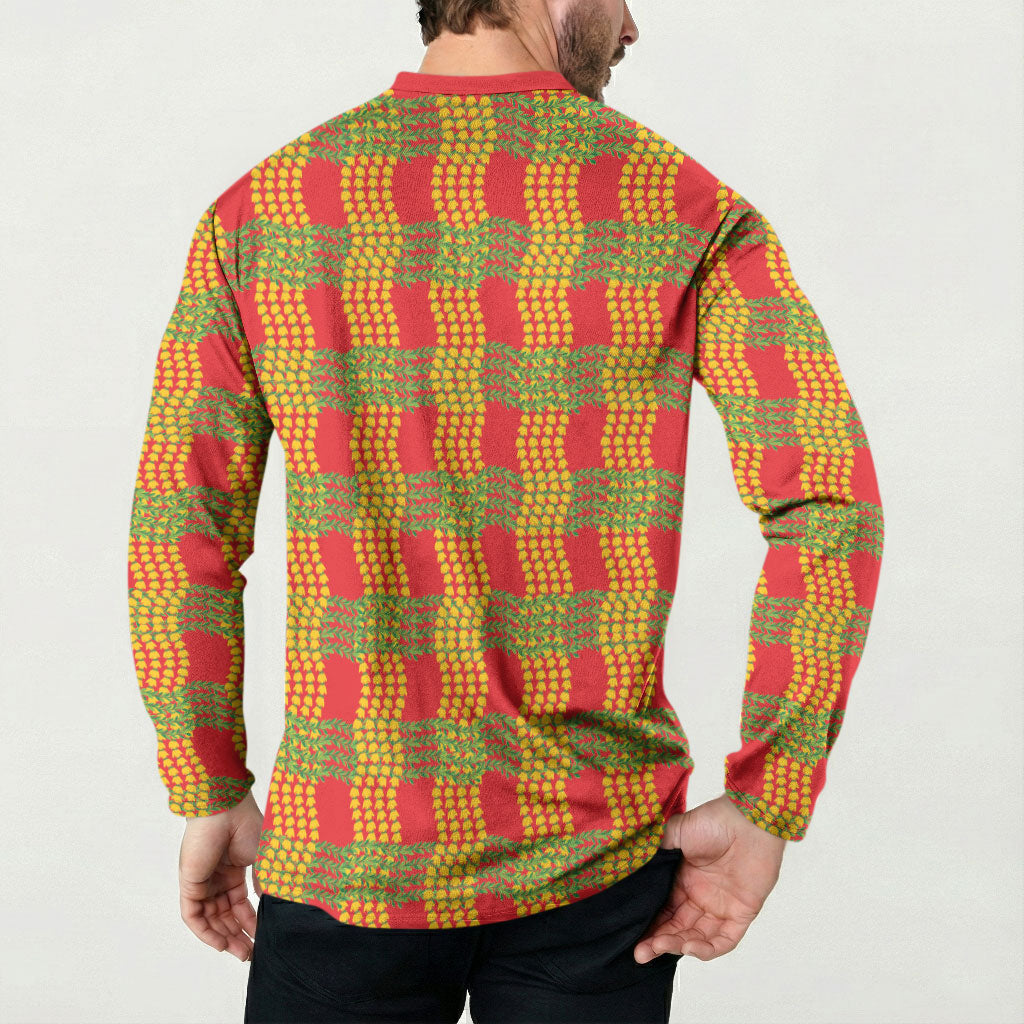 Aloha Hawaii Ilima Maile Lei Button Sweatshirt Palaka Inspired Hawaiian-plaid Red