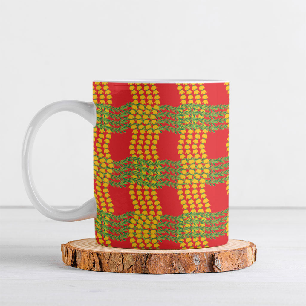 Aloha Hawaii Ilima Maile Lei Ceramic Mug Palaka Inspired Hawaiian-plaid Red