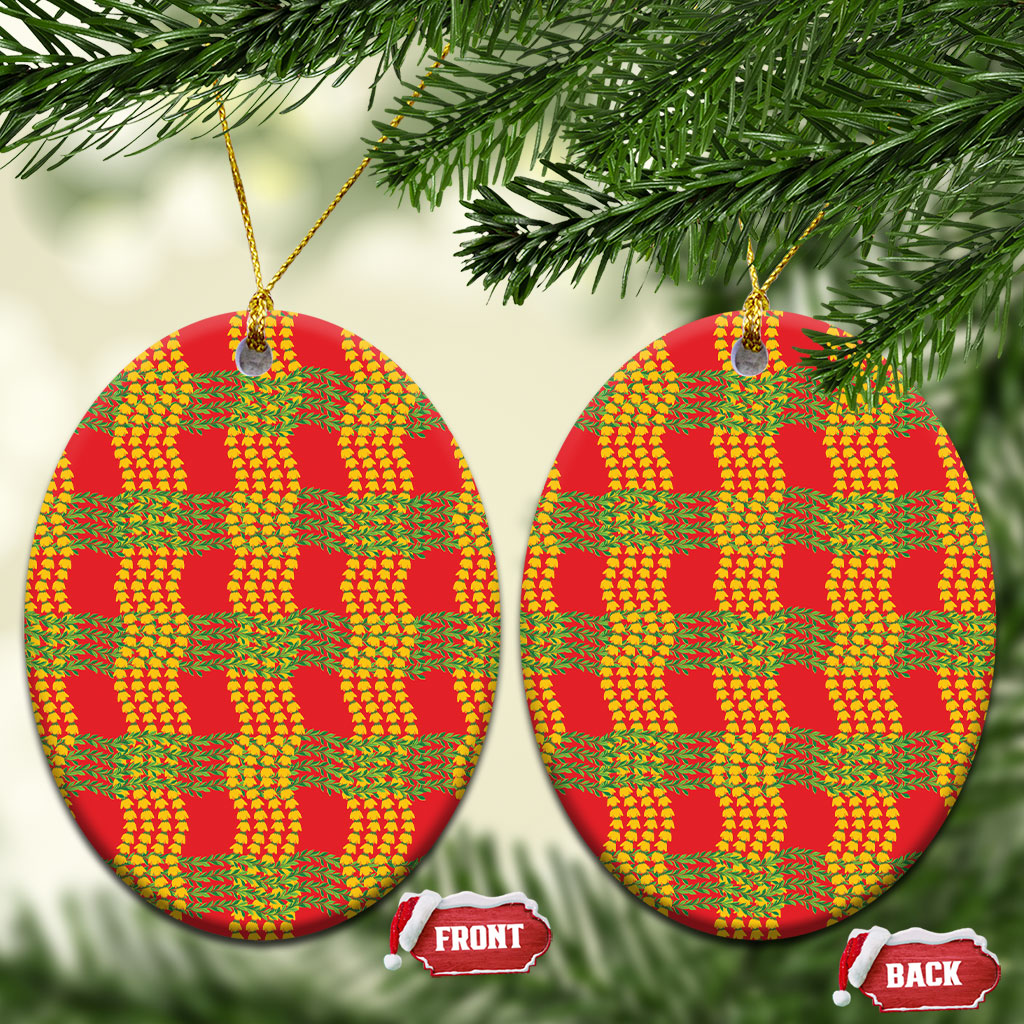Aloha Hawaii Ilima Maile Lei Ceramic Ornament Palaka Inspired Hawaiian-plaid Red