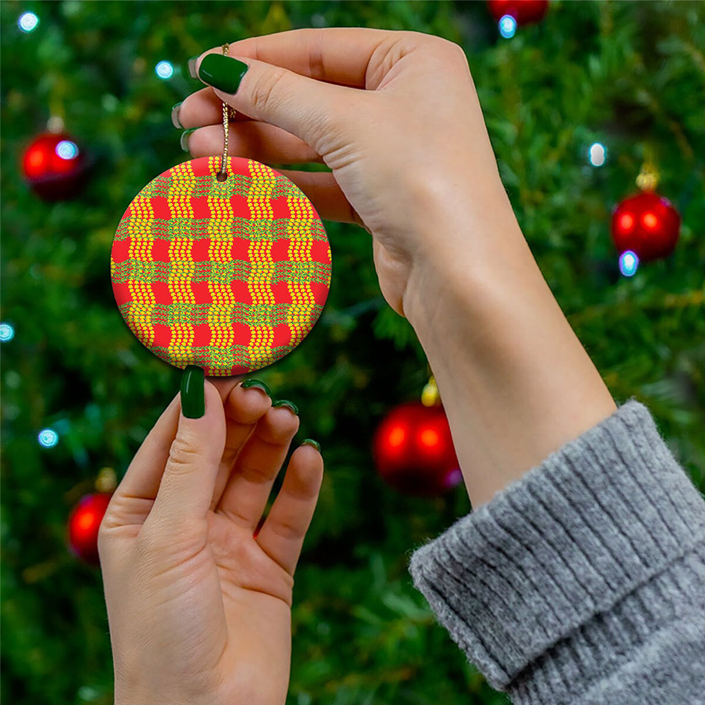 Aloha Hawaii Ilima Maile Lei Ceramic Ornament Palaka Inspired Hawaiian-plaid Red