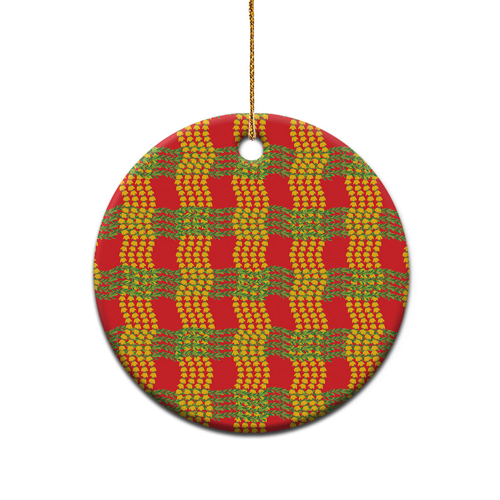 Aloha Hawaii Ilima Maile Lei Ceramic Ornament Palaka Inspired Hawaiian-plaid Red