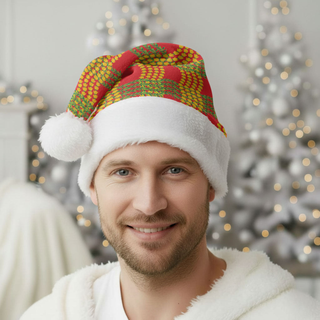 Aloha Hawaii Ilima Maile Lei Christmas Santa Hat Palaka Inspired Hawaiian-plaid Red