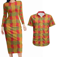 Aloha Hawaii Ilima Maile Lei Couples Matching Long Sleeve Bodycon Dress and Hawaiian Shirt Palaka Inspired Hawaiian-plaid Red