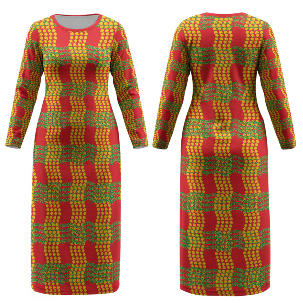 Aloha Hawaii Ilima Maile Lei Couples Matching Long Sleeve Bodycon Dress and Hawaiian Shirt Palaka Inspired Hawaiian-plaid Red