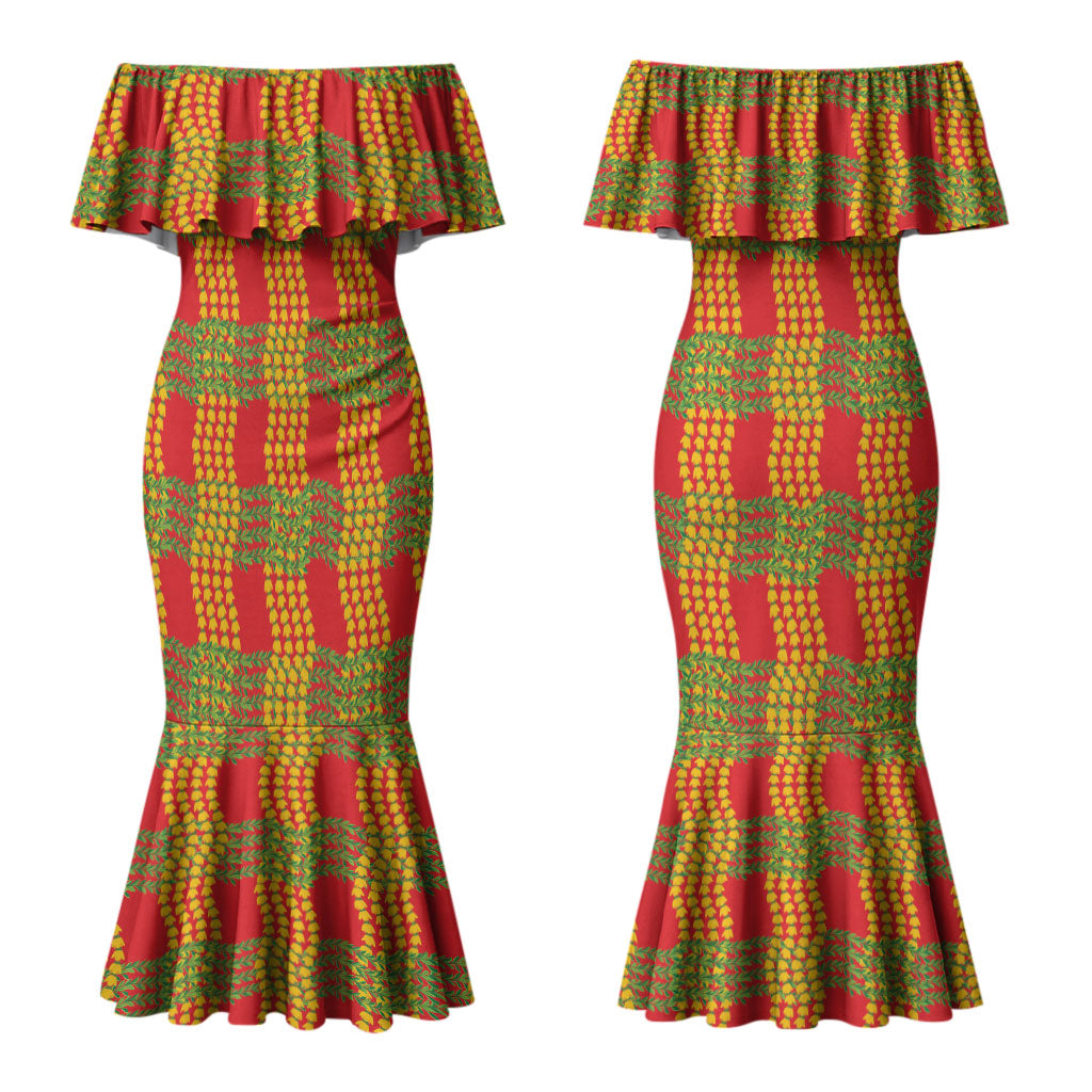 Aloha Hawaii Ilima Maile Lei Couples Matching Mermaid Dress and Hawaiian Shirt Palaka Inspired Hawaiian-plaid Red