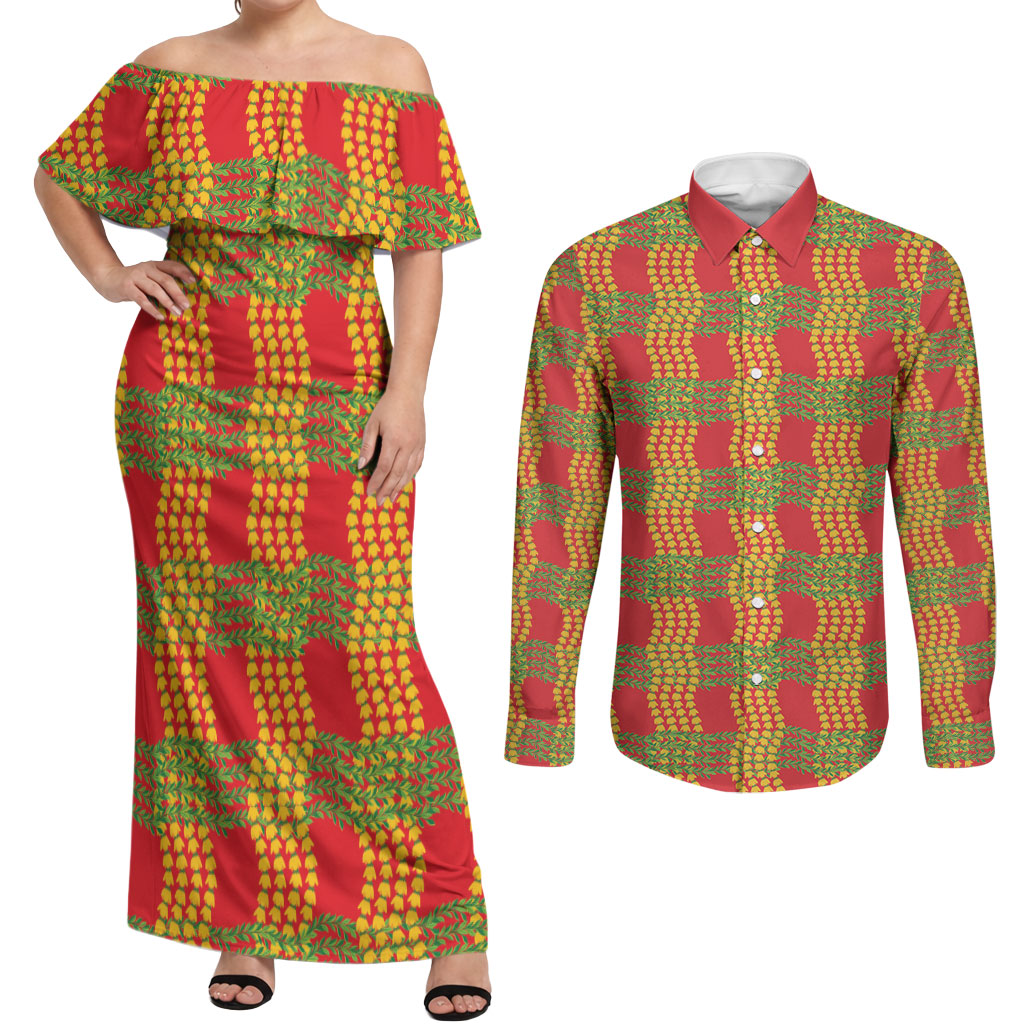Aloha Hawaii Ilima Maile Lei Couples Matching Off Shoulder Maxi Dress and Long Sleeve Button Shirt Palaka Inspired Hawaiian-plaid Red