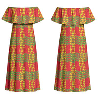 Aloha Hawaii Ilima Maile Lei Couples Matching Off Shoulder Maxi Dress and Long Sleeve Button Shirt Palaka Inspired Hawaiian-plaid Red