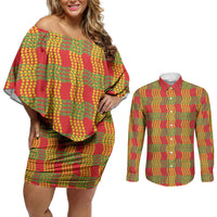Aloha Hawaii Ilima Maile Lei Couples Matching Off Shoulder Short Dress and Long Sleeve Button Shirt Palaka Inspired Hawaiian-plaid Red