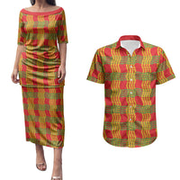 Aloha Hawaii Ilima Maile Lei Couples Matching Puletasi and Hawaiian Shirt Palaka Inspired Hawaiian-plaid Red