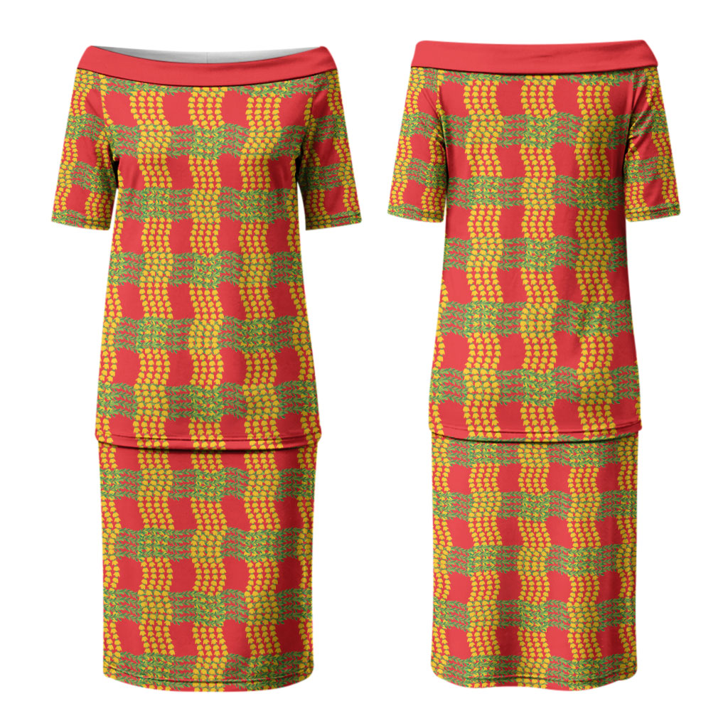 Aloha Hawaii Ilima Maile Lei Couples Matching Puletasi and Hawaiian Shirt Palaka Inspired Hawaiian-plaid Red