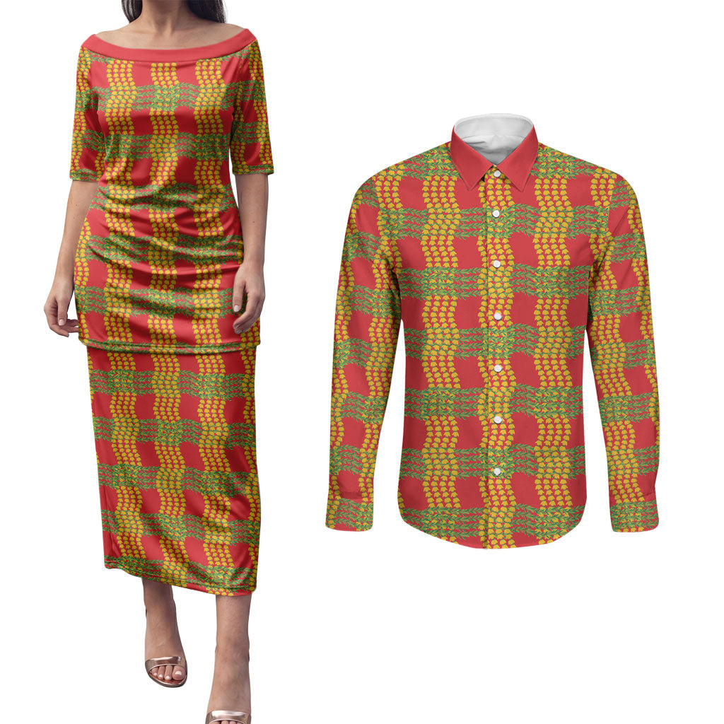 Aloha Hawaii Ilima Maile Lei Couples Matching Puletasi and Long Sleeve Button Shirt Palaka Inspired Hawaiian-plaid Red