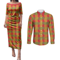 Aloha Hawaii Ilima Maile Lei Couples Matching Puletasi and Long Sleeve Button Shirt Palaka Inspired Hawaiian-plaid Red