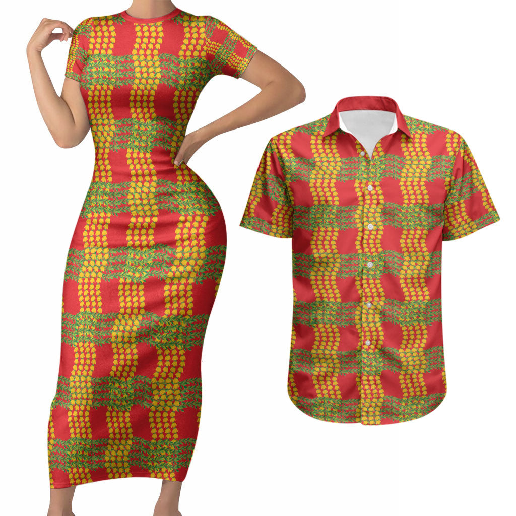 Aloha Hawaii Ilima Maile Lei Couples Matching Short Sleeve Bodycon Dress and Hawaiian Shirt Palaka Inspired Hawaiian-plaid Red