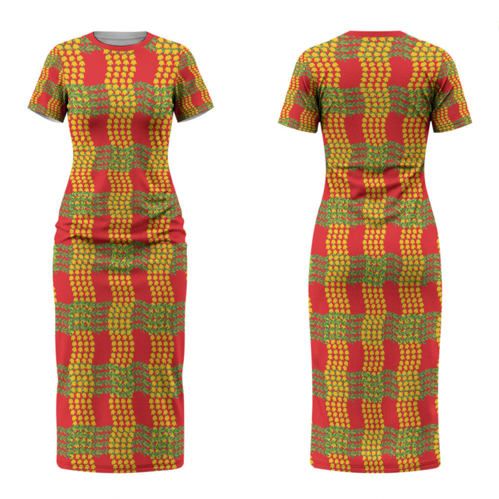 Aloha Hawaii Ilima Maile Lei Couples Matching Short Sleeve Bodycon Dress and Hawaiian Shirt Palaka Inspired Hawaiian-plaid Red