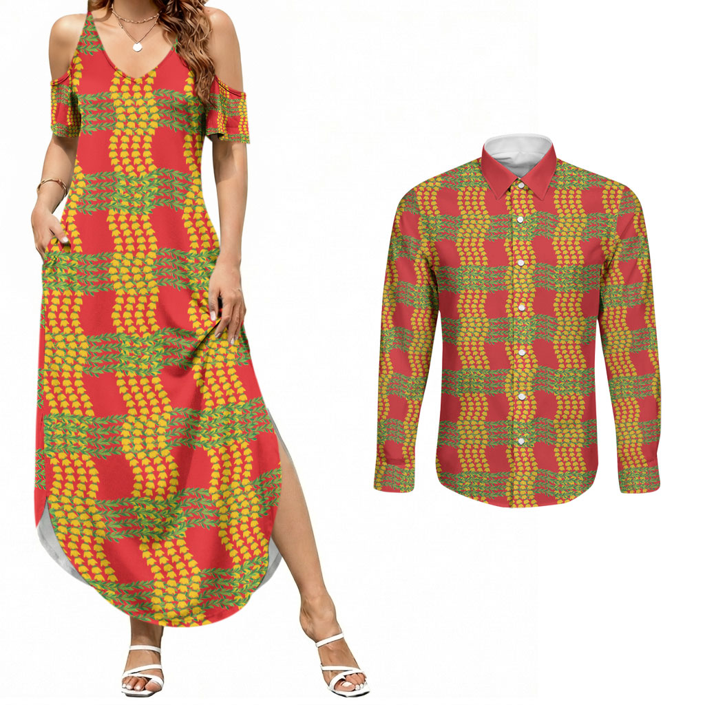 Aloha Hawaii Ilima Maile Lei Couples Matching Summer Maxi Dress and Long Sleeve Button Shirt Palaka Inspired Hawaiian-plaid Red
