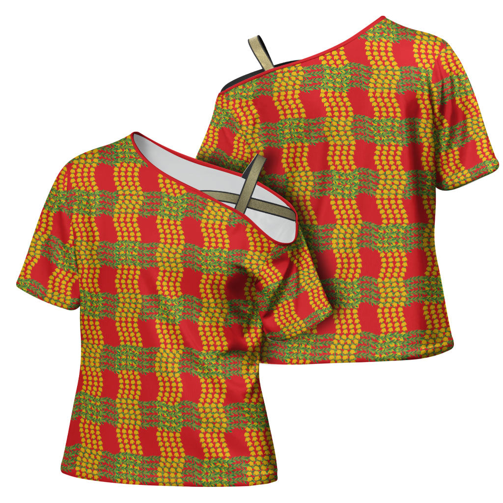 Aloha Hawaii Ilima Maile Lei Cross Shoulder Shirt Palaka Inspired Hawaiian-plaid Red