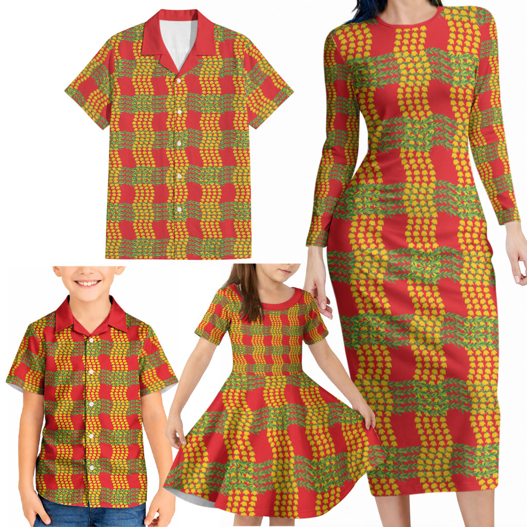 Aloha Hawaii Ilima Maile Lei Family Matching Long Sleeve Bodycon Dress and Hawaiian Shirt Palaka Inspired Hawaiian-plaid Red