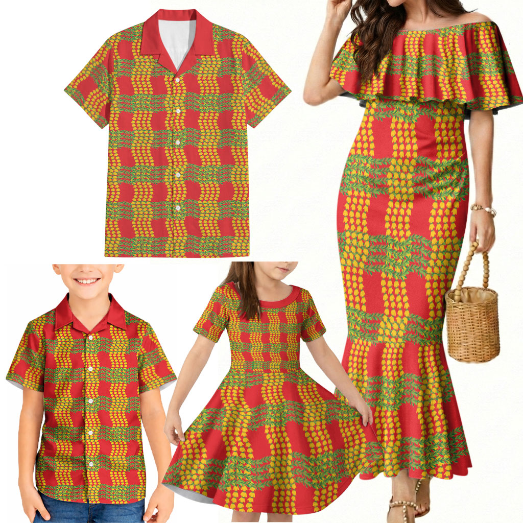 Aloha Hawaii Ilima Maile Lei Family Matching Mermaid Dress and Hawaiian Shirt Palaka Inspired Hawaiian-plaid Red