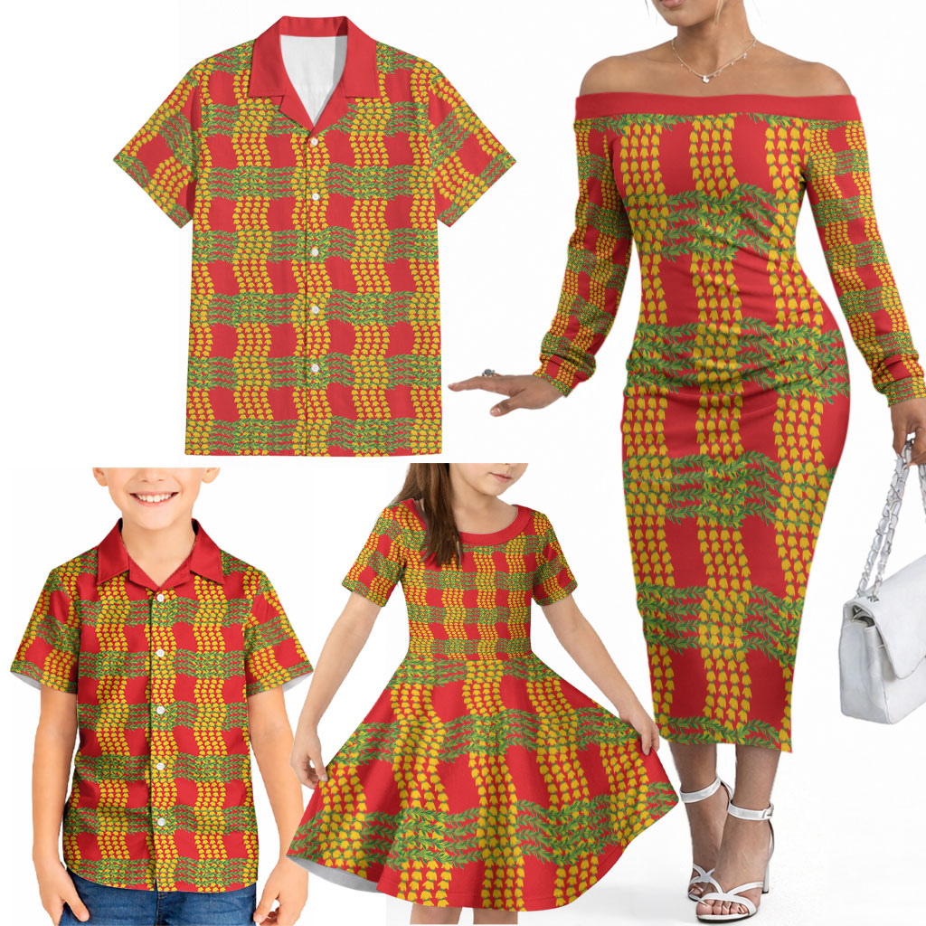 Aloha Hawaii Ilima Maile Lei Family Matching Off The Shoulder Long Sleeve Dress and Hawaiian Shirt Palaka Inspired Hawaiian-plaid Red