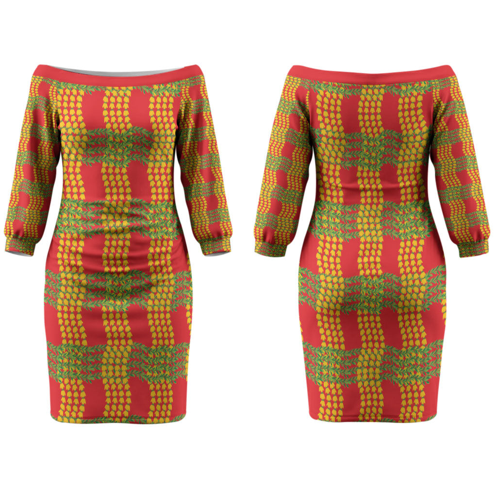 Aloha Hawaii Ilima Maile Lei Family Matching Off The Shoulder Long Sleeve Dress and Hawaiian Shirt Palaka Inspired Hawaiian-plaid Red