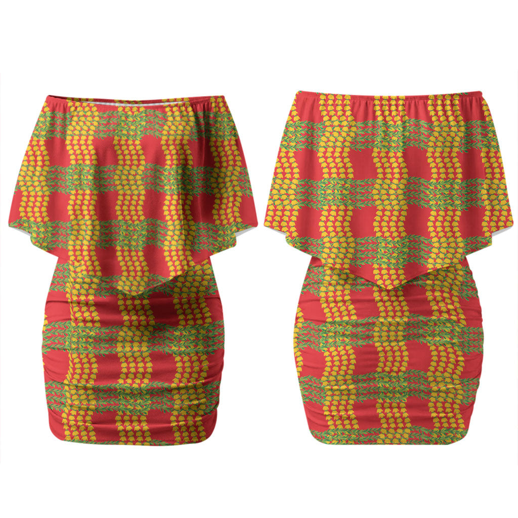 Aloha Hawaii Ilima Maile Lei Family Matching Off Shoulder Short Dress and Hawaiian Shirt Palaka Inspired Hawaiian-plaid Red