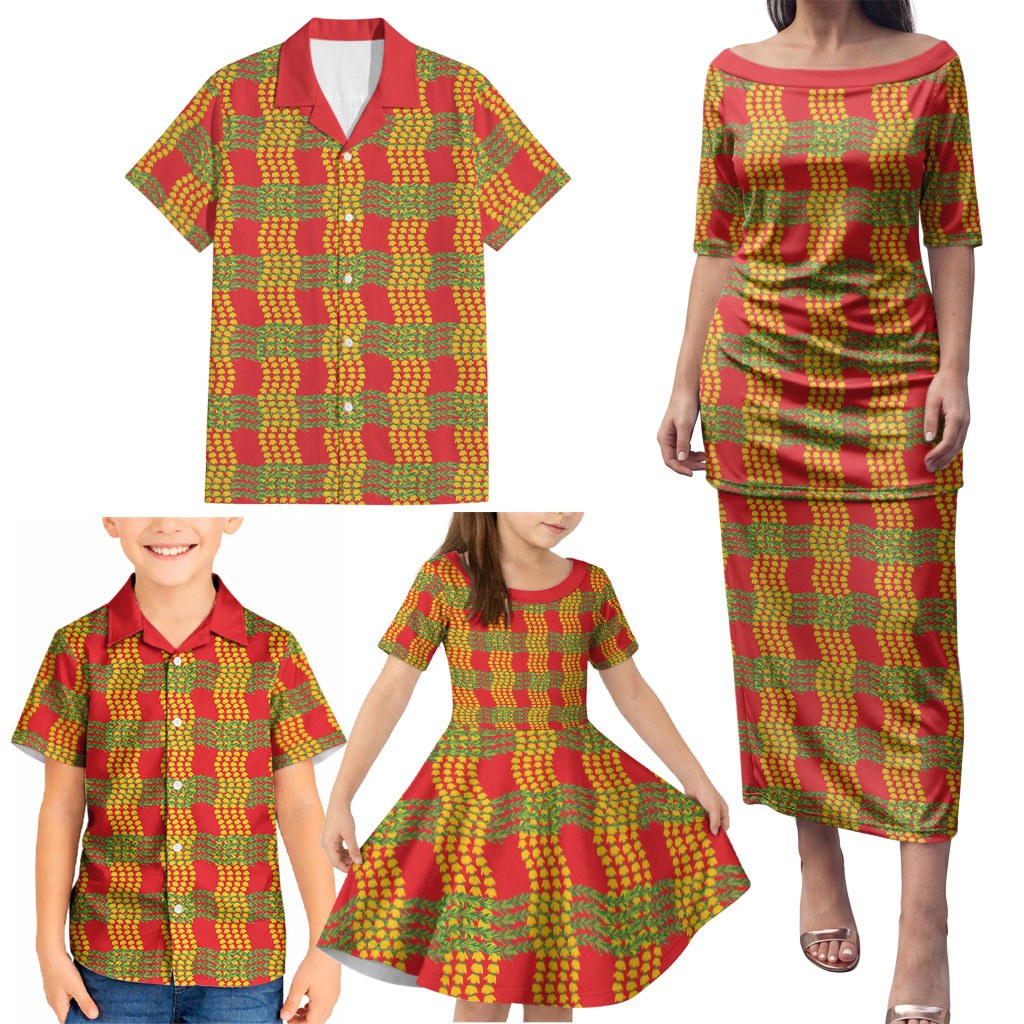 Aloha Hawaii Ilima Maile Lei Family Matching Puletasi and Hawaiian Shirt Palaka Inspired Hawaiian-plaid Red