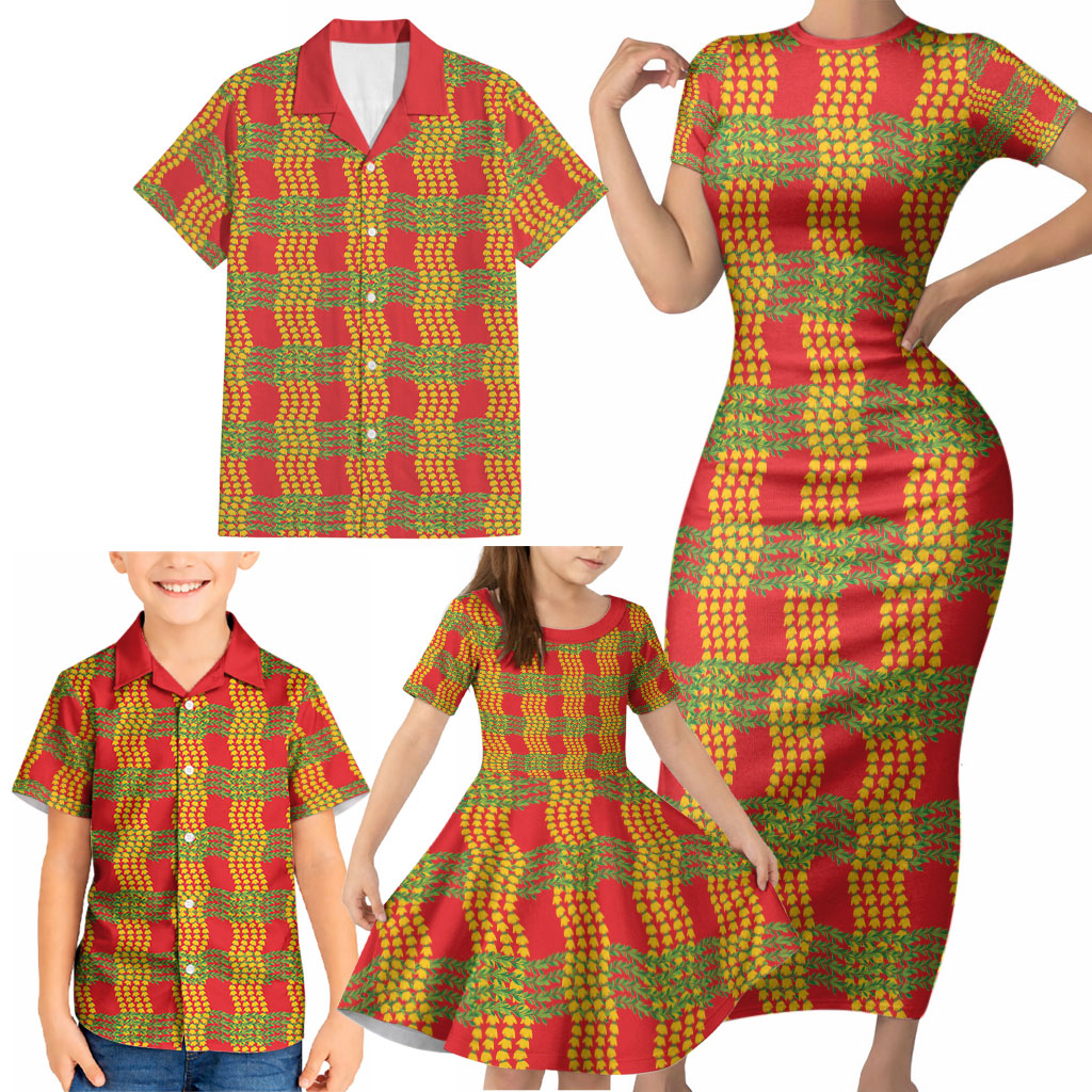 Aloha Hawaii Ilima Maile Lei Family Matching Short Sleeve Bodycon Dress and Hawaiian Shirt Palaka Inspired Hawaiian-plaid Red