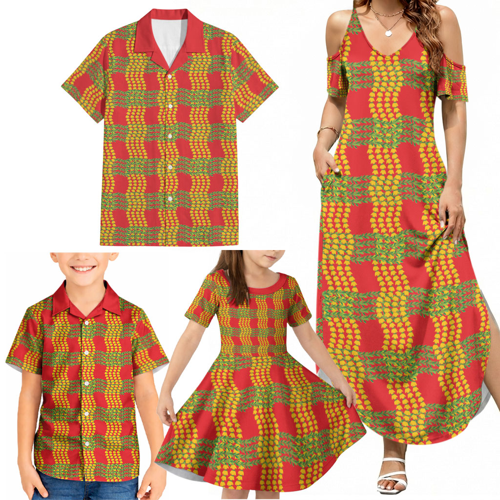 Aloha Hawaii Ilima Maile Lei Family Matching Summer Maxi Dress and Hawaiian Shirt Palaka Inspired Hawaiian-plaid Red