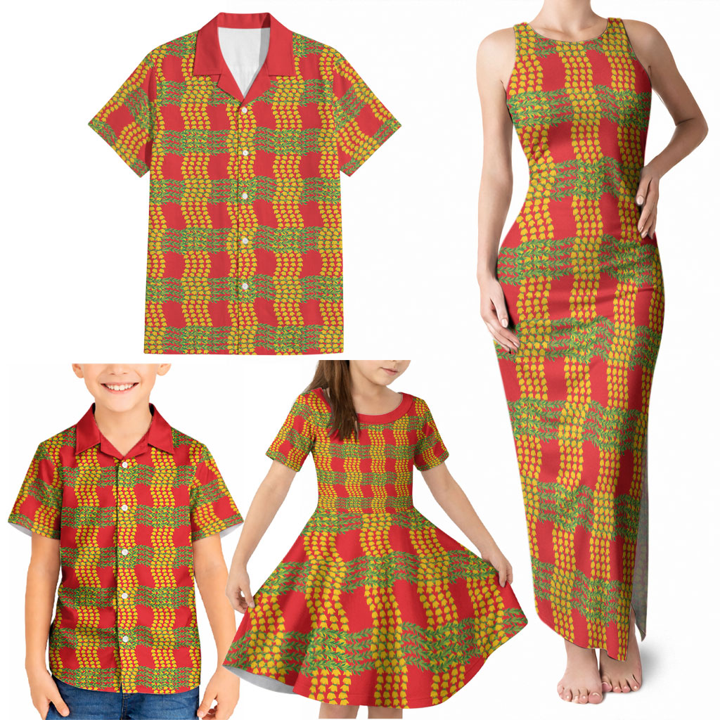 Aloha Hawaii Ilima Maile Lei Family Matching Tank Maxi Dress and Hawaiian Shirt Palaka Inspired Hawaiian-plaid Red