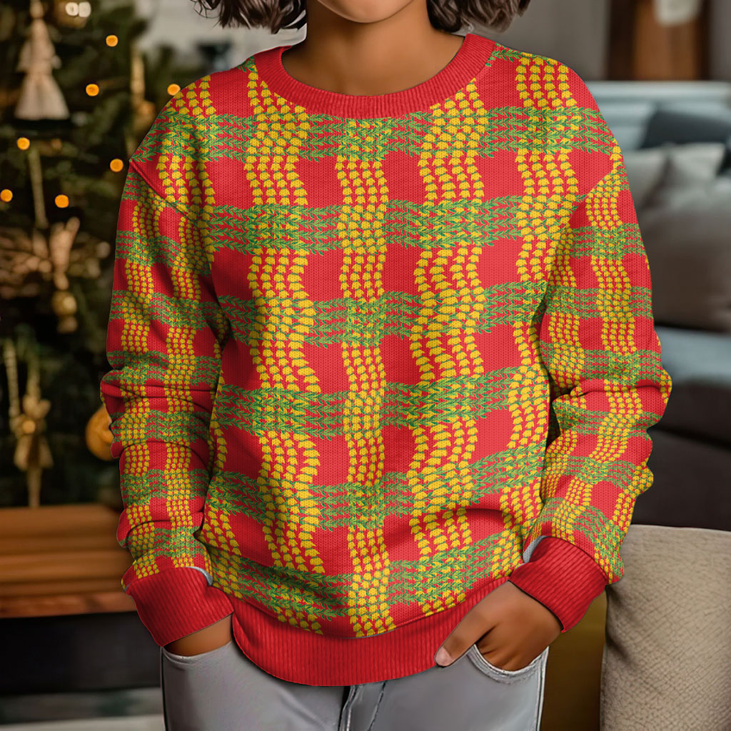 Aloha Hawaii Ilima Maile Lei Kid Ugly Christmas Sweater Palaka Inspired Hawaiian-plaid Red