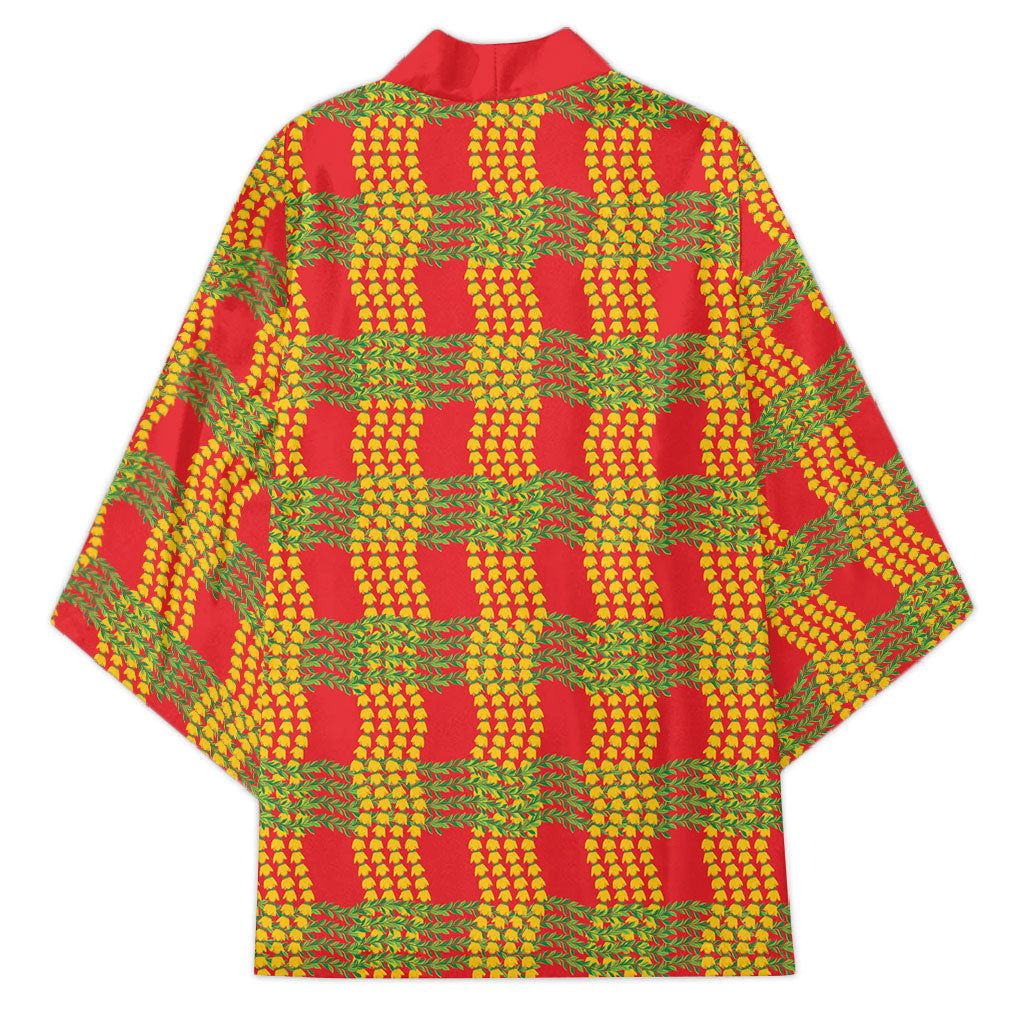 Aloha Hawaii Ilima Maile Lei Kimono Palaka Inspired Hawaiian-plaid Red