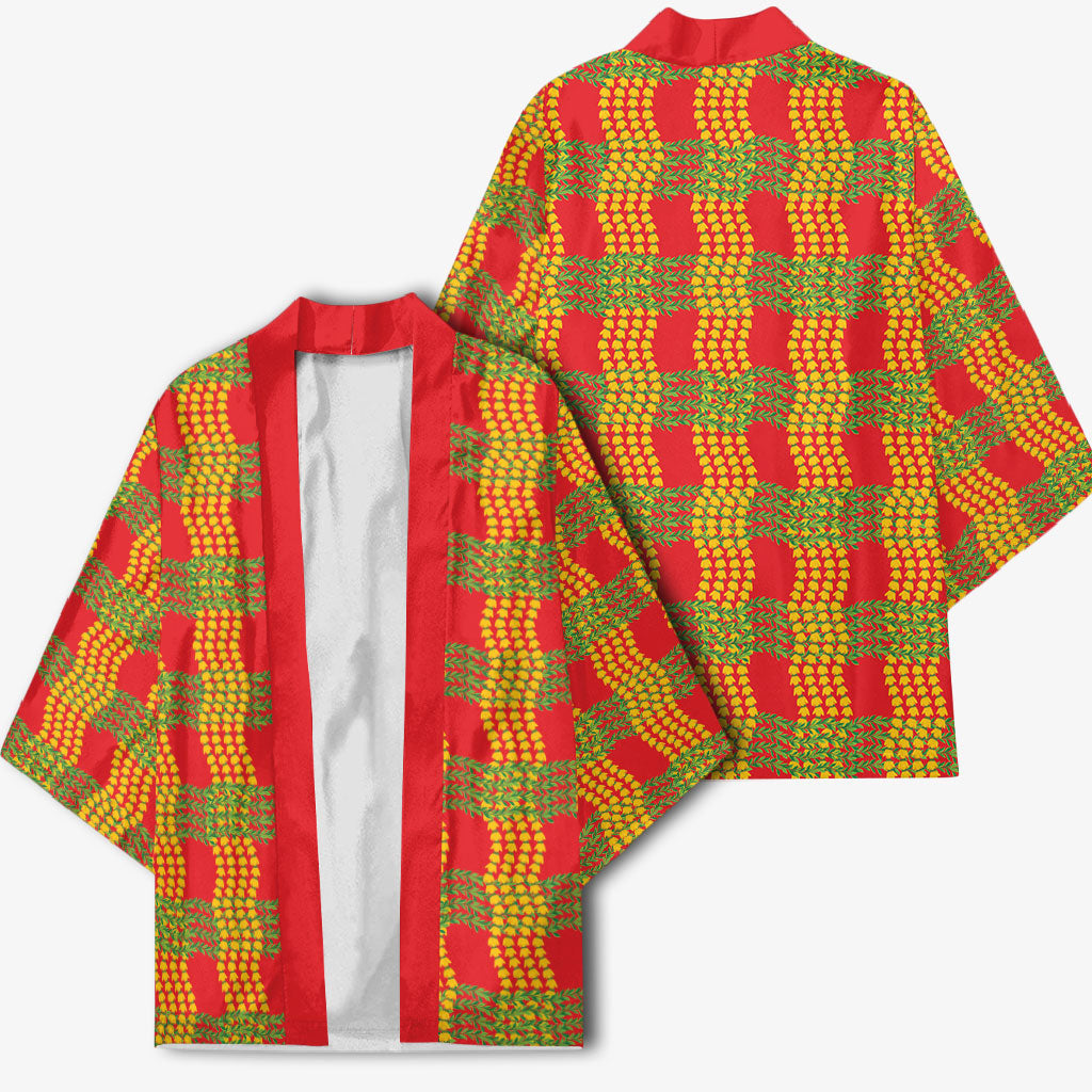 Aloha Hawaii Ilima Maile Lei Kimono Palaka Inspired Hawaiian-plaid Red