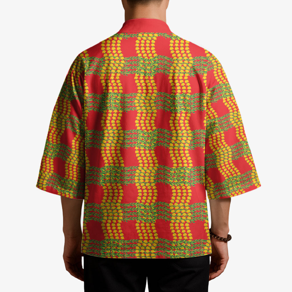 Aloha Hawaii Ilima Maile Lei Kimono Palaka Inspired Hawaiian-plaid Red