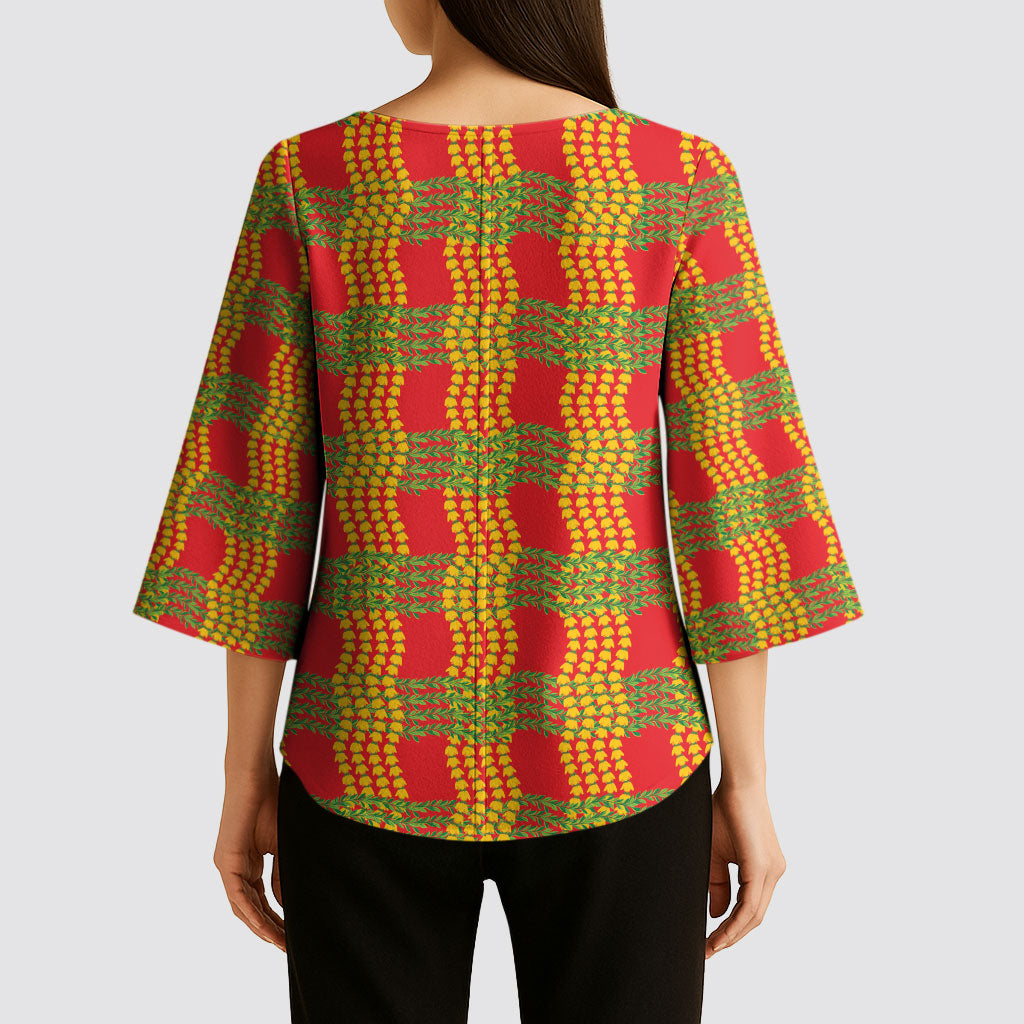 Aloha Hawaii Ilima Maile Lei Kimono Sleeve Blouse Palaka Inspired Hawaiian-plaid Red