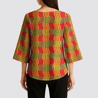Aloha Hawaii Ilima Maile Lei Kimono Sleeve Blouse Palaka Inspired Hawaiian-plaid Red