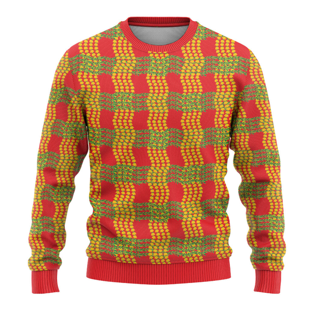 Aloha Hawaii Ilima Maile Lei Ugly Christmas Sweater Palaka Inspired Hawaiian-plaid Red