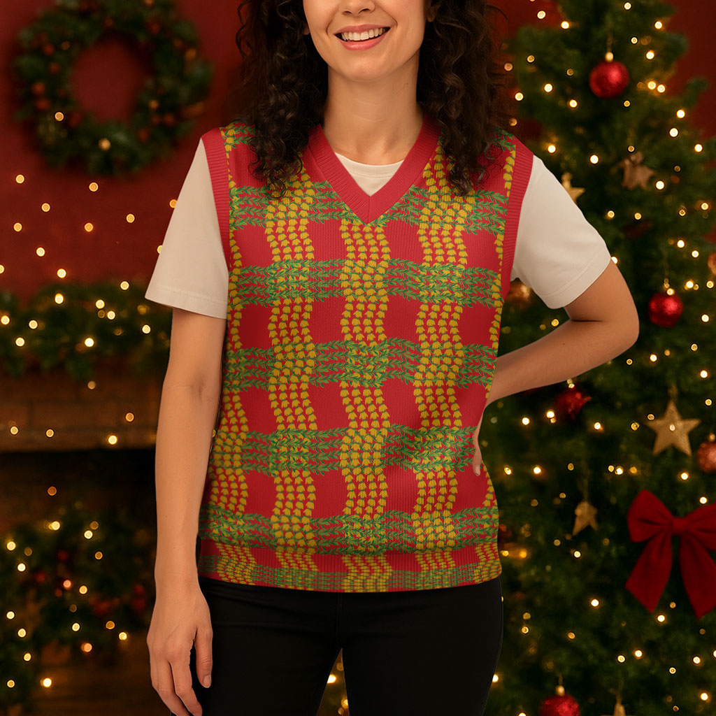 Aloha Hawaii Ilima Maile Lei Christmas Knitted V-Neck Vest Palaka Inspired Hawaiian-plaid Red