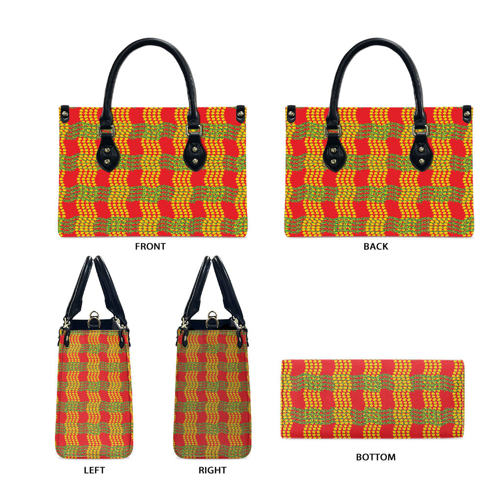 Aloha Hawaii Ilima Maile Lei Leather Bag Palaka Inspired Hawaiian-plaid Red
