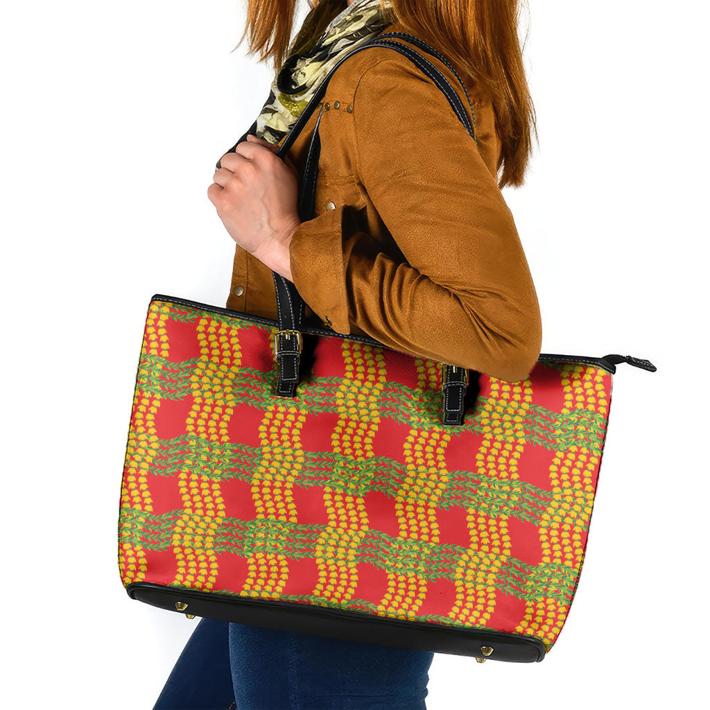 Aloha Hawaii Ilima Maile Lei Leather Tote Bag Palaka Inspired Hawaiian-plaid Red LT14 Red - Polynesian Pride