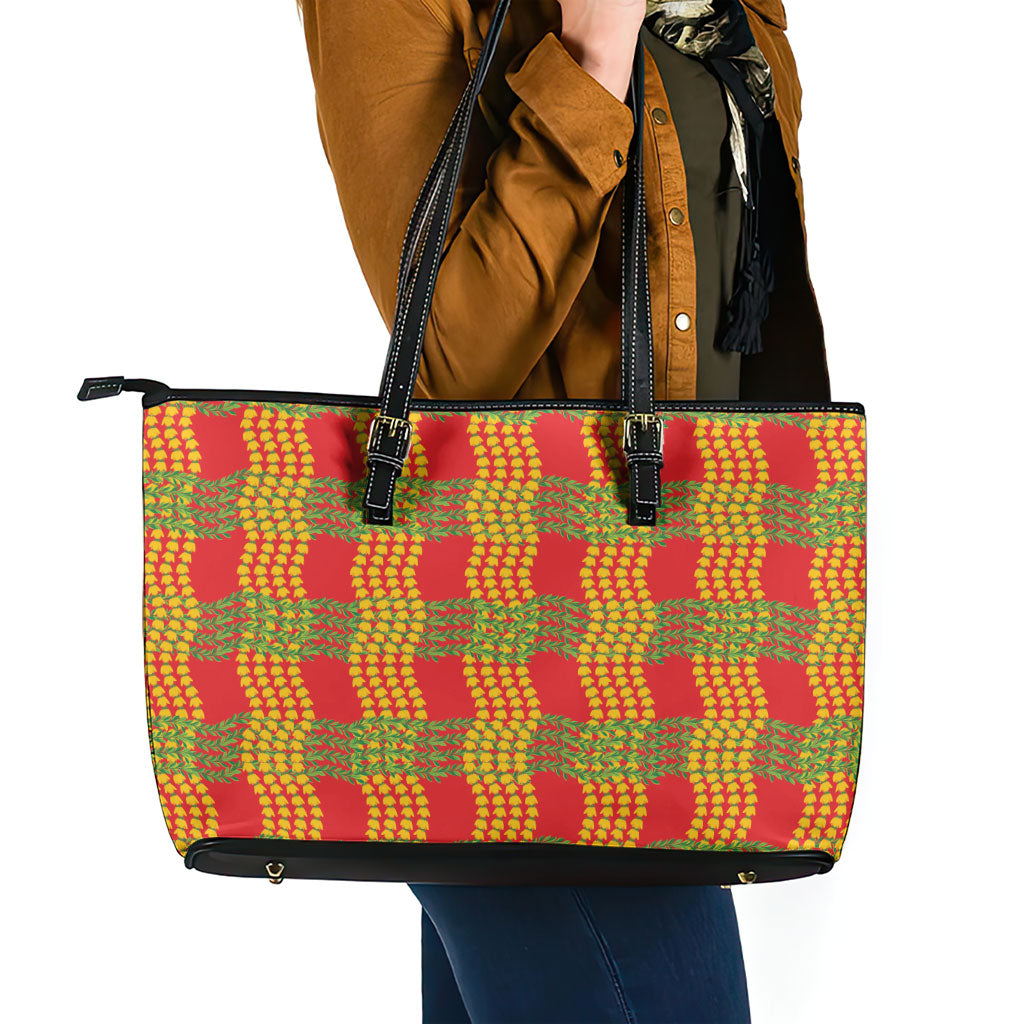 Aloha Hawaii Ilima Maile Lei Leather Tote Bag Palaka Inspired Hawaiian-plaid Red